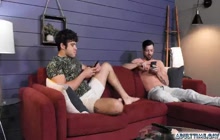 Two gay buddies fuck their best straight friend in a threesome